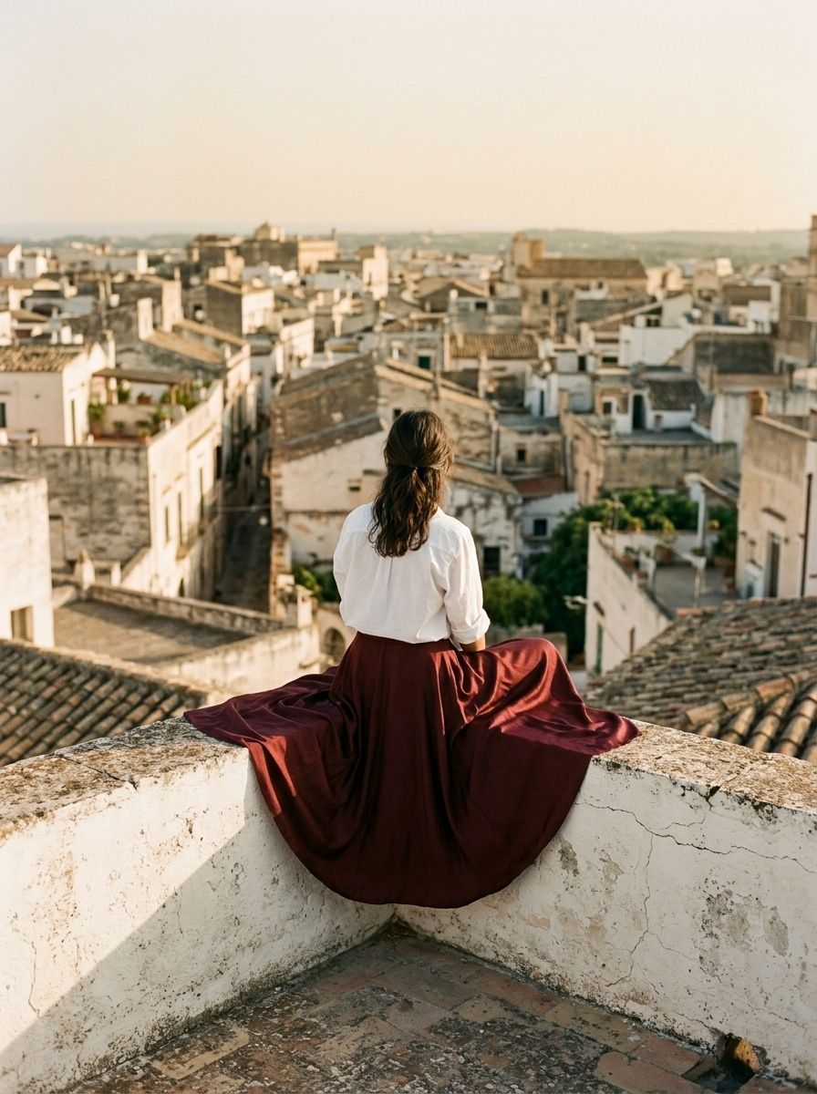 Model seen from the back sitting on a low rooftop parapet in a wide oxblood silk skirt, long afternoon shadows across pale plaster