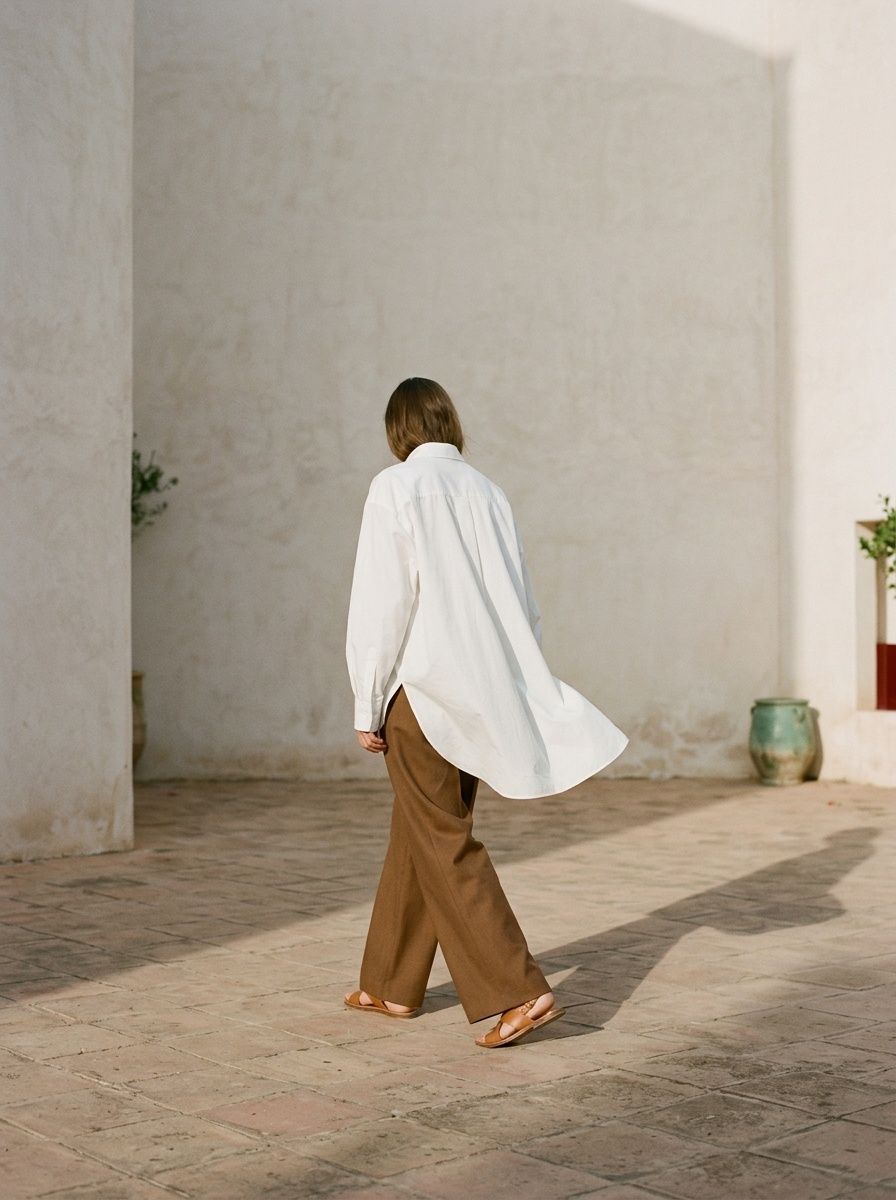 Model seen from behind walking through a sunlit courtyard in an oversized chalk poplin shirt and wide tobacco trousers