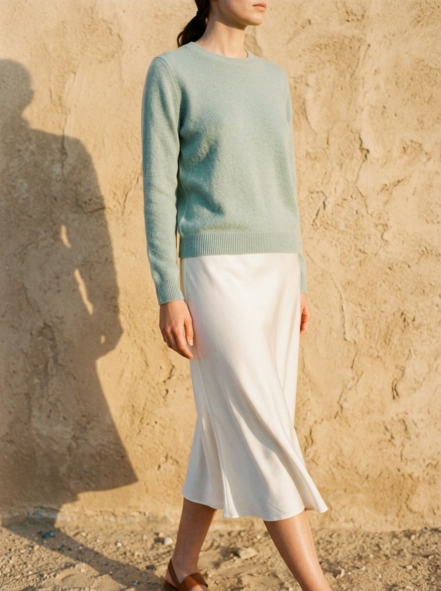 Model cropped at the chin in a pale sea-glass knit and a bias-cut chalk silk skirt against a warm plaster wall