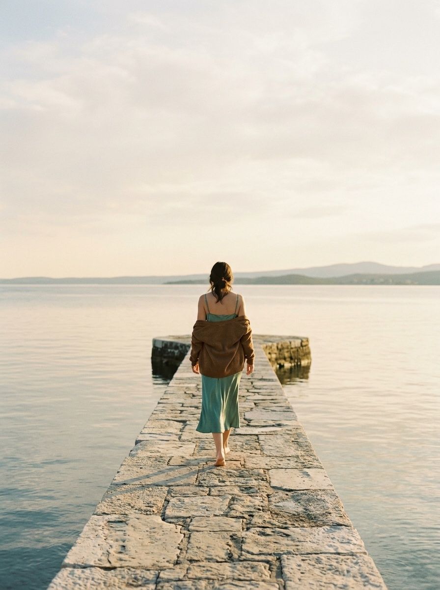 Far-off model on a pale stone jetty in a sea-glass silk slip dress with a knit draped over the shoulders, late afternoon light